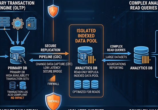 Secure dual-database setup showing complex analytical read queries pulling safely from an isolated indexed data pool while primary transaction engines run