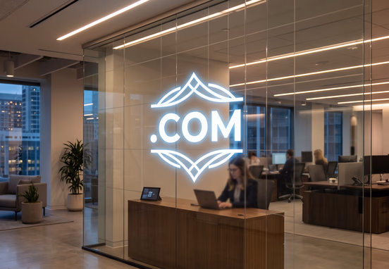 A glowing digital .com symbol projects onto a glass wall inside a clean, premium minimalist corporate office to symbolize trust.