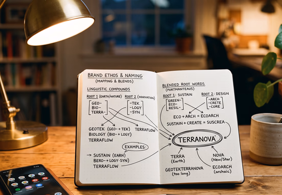 A designer's wooden desk features a notebook with sketches of linguistic compound words mapping a brand name next to a smartphone.