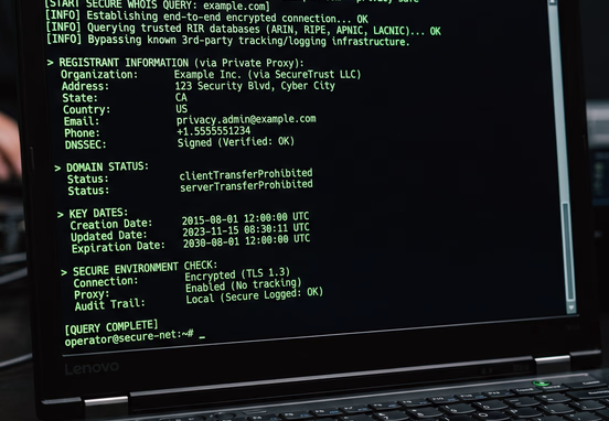 A dark cybersecurity terminal displays clean green command-line code executing a secure WHOIS lookup without third-party tracking.