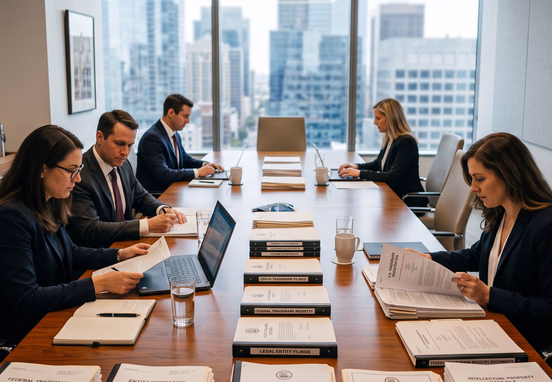 Official federal trademark registry documents and legal filings sit neatly organized on a long mahogany table in a modern law firm.