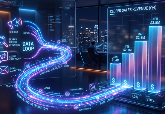 Continuous neon data loop connecting digital marketing icons to 3D bar graph showing closed sales revenue in enterprise dark mode
