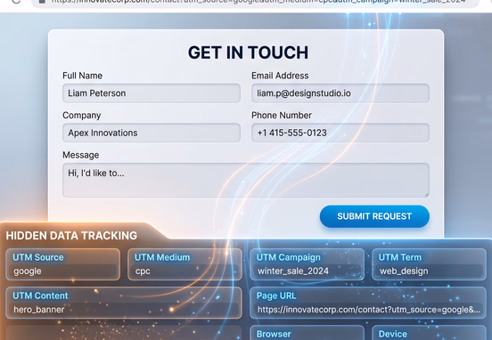 Stylized web form with visible contact fields and glowing hidden fields automatically filled with UTM cookie data for modern tracking