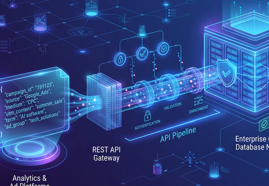 Structured JSON data object containing marketing attribution parameters passing through API pipeline into secure enterprise CRM database