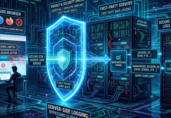 First-party servers logging anonymized session IDs behind security shield, bypassing browser tracking while maintaining privacy compliance