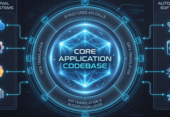 Software architecture diagram with glowing core codebase isolated from external CRM and automation via structured API translation layer system