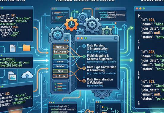 Data transformation logic mapping raw database payloads into valid uniform JSON structures by middleware layer for enterprise integration