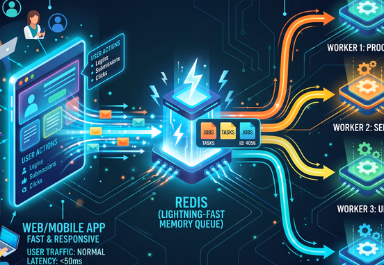 Asynchronous background job pipeline using lightning-fast memory queue runner like Redis distributing workloads to workers for fast application