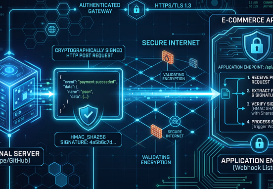 Event-driven webhook pipeline showcasing secure cryptographically signed HTTP POST request payload delivery from external server to application