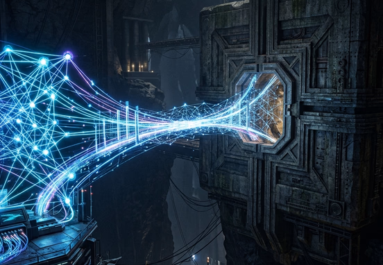 Glowing modern abstract web node bridging across a technical rift to connect with an older massive geometric structural block representing legacy