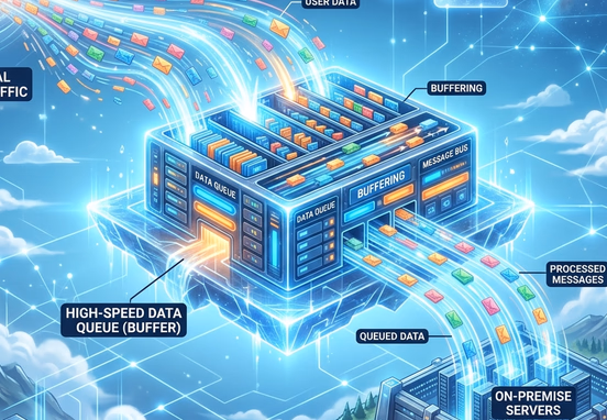High-speed data queue database floating securely in a clean cloud space acting as a buffer between web traffic and servers