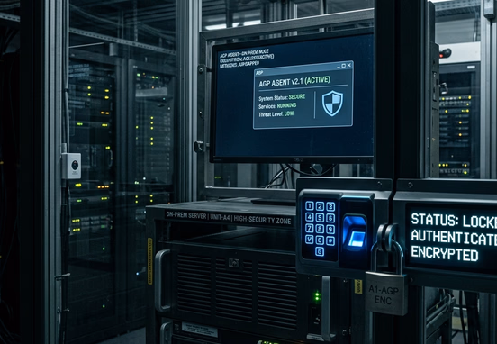 Lightweight desktop software agent running on an on-premise machine heavily protected by a cryptographic lock and security barriers