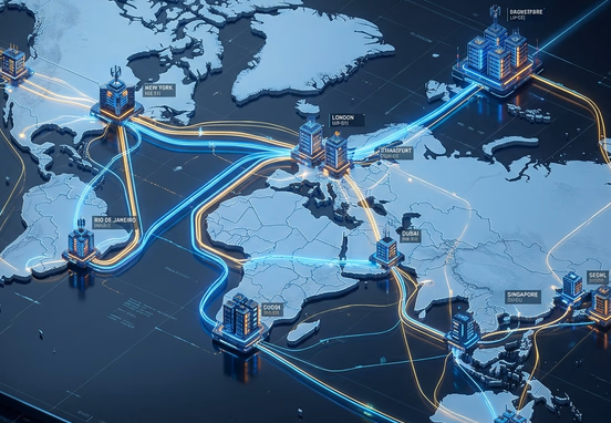 Conceptual global digital network topology connecting multiple glowing server nodes across a stylized world map using clean lines and isometric perspective