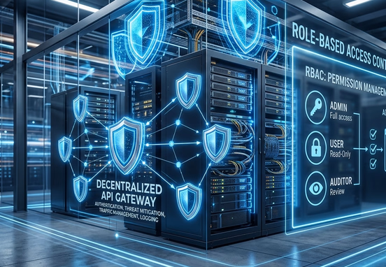 Cybersecurity infrastructure displaying a decentralized API gateway with glowing digital shield vectors guarding server racks with role-based access control