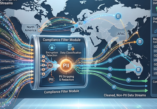 Conceptual data privacy compliance filter interface visualizing encrypted data streams passing through regional geographic boundaries with personally identifiable information stripped