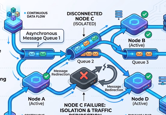 High-availability system resilience showcasing an active data pipeline where a single disconnected node is isolated while asynchronous message queues reroute