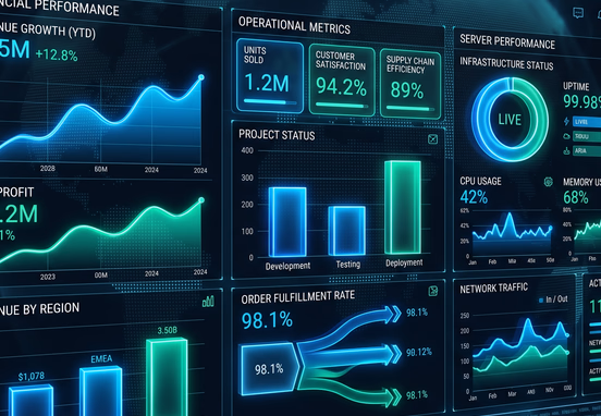 Executive dashboard displaying 3D glowing financial graphs, operational metrics and server performance with neon blue and emerald accents.