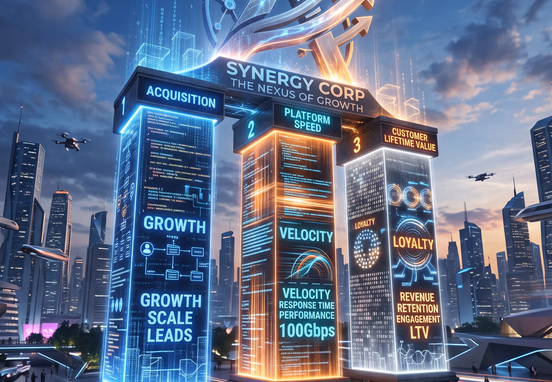 Three glowing structural pillars of digital data and code supporting corporate emblem representing acquisition, speed and customer lifetime value.