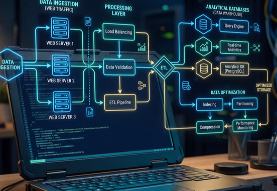 Technical flowchart sequence glowing over terminal laptop showing clean geometric lines connecting web servers to analytical databases for optimization.
