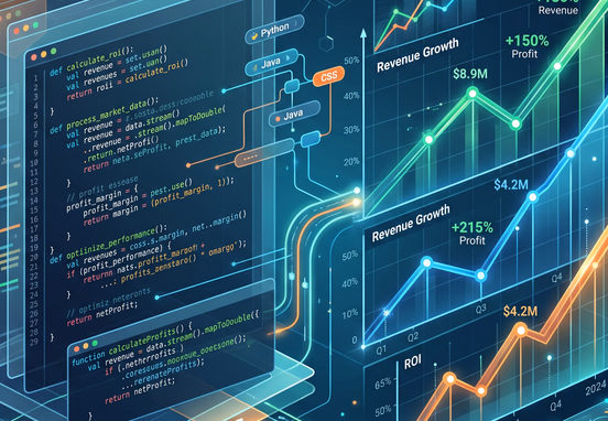 Clean code structure aligning with upward-trending financial profit graphs featuring transparent layered geometric elements in premium technical design.