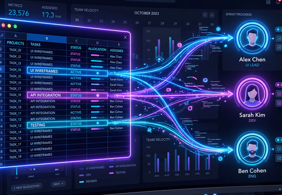 Modern digital interface with glowing spreadsheet morphing into neon data streams routing toward team member profile icons in vibrant blues and purples.