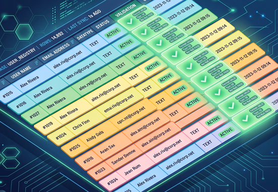 Highly organized multi-colored database grid with formatted rows and column validation rules highlighted by soft glowing green checkmarks in isometric vector style.