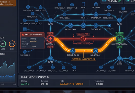 Sophisticated digital monitoring dashboard with system warning node rerouting blocked task path into bright orange emergency backup pipeline for enterprise networks.