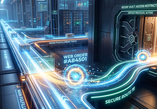 Stylized glowing web order asset diverging from a bright main straight conveyor path into a secure side-channel vault
