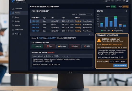 Secure administrative web dashboard displaying custom review tools rationale text inputs and permission override gates
