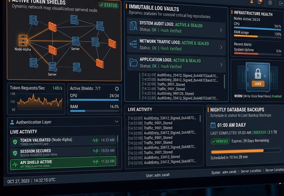 Hardened server architecture interface showing active token shields immutable log vaults and nightly database backups