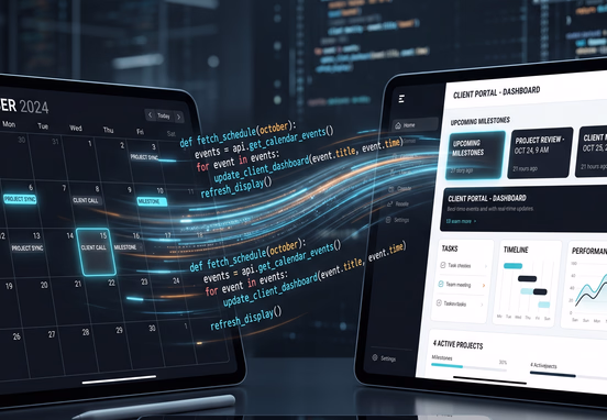 Digital calendar transforming into automated code lines feeding directly into clean client interface for minimal tech automation