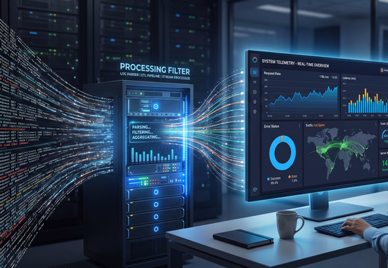 Raw server logs passing through processing filter emerging as elegant visual telemetry on client dashboard for data analytics
