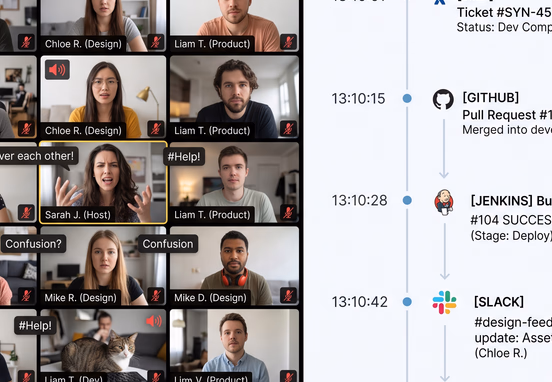 Split screen graphic showing chaotic video call grid contrasted against ordered calm timeline of automated project logs