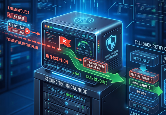 Secure technical node intercepting failed network request and rerouting it safely into automated fallback retry queue for resilience