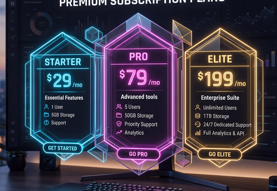 Elegant 3D geometric pricing matrix with three glowing tiers on dark dashboard with crisp typography and neon currency symbols.