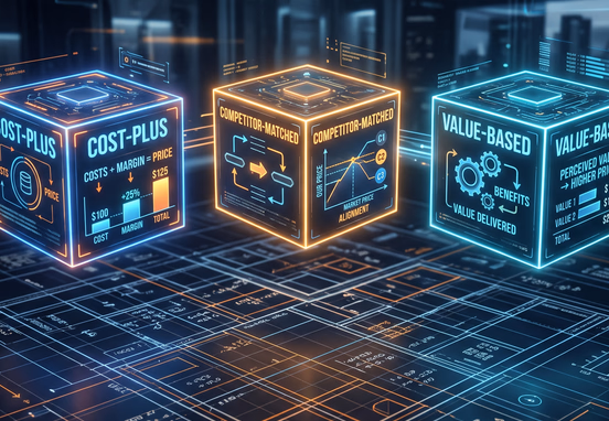Three glowing conceptual cubes representing pricing structures floating above abstract architectural blueprint grid in high-tech theme.