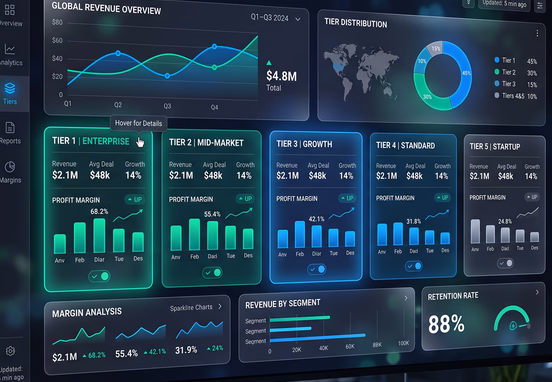 Professional data visualization grid displaying interactive financial tiers and profit margins with glassmorphism panels and neon accents.