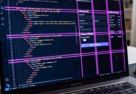 High-end laptop monitor displaying semantic code building three-column checkout interface with neon purple laser lines guiding layout.