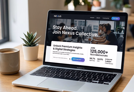Elegant modern website interface with seamlessly integrated email newsletter capture form displaying high engagement metrics in clean workspace.
