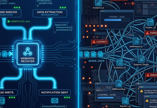 Clean backend API webhooks processing data instantly versus cluttered screen with heavy JavaScript code in neon blue dark tech.