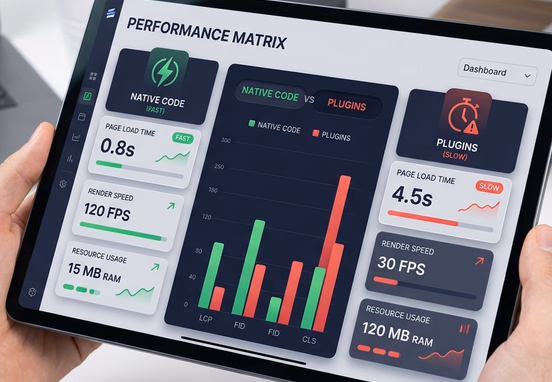 Performance matrix dashboard on tablet comparing fast green native code loading speeds against slow red plugin metrics modern design.