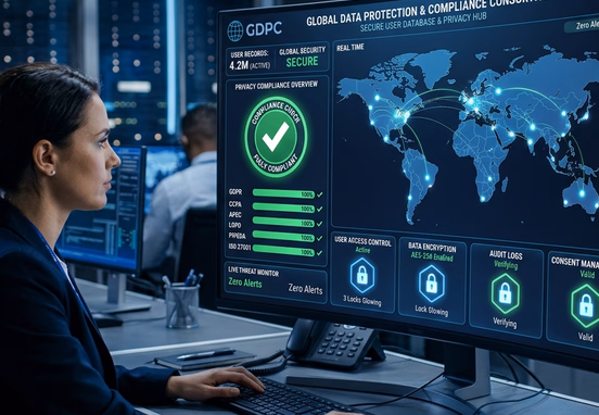 High-security user database console with glowing locks, compliance checkmarks and privacy interface representing global data protection.