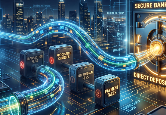 Conceptual digital pipeline bypassing multiple fee blocks to connect directly to a secure glowing bank vault in corporate tech style