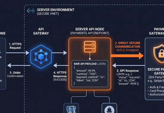 Clean server architecture diagram showing raw API payloads communicating directly with a secure payment gateway node