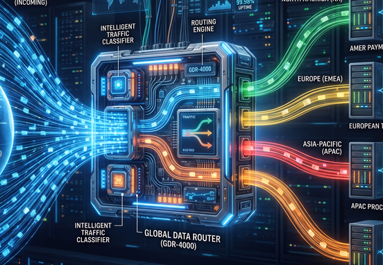 Dynamic network data router splitting global transaction traffic smoothly into different local regional payment processors