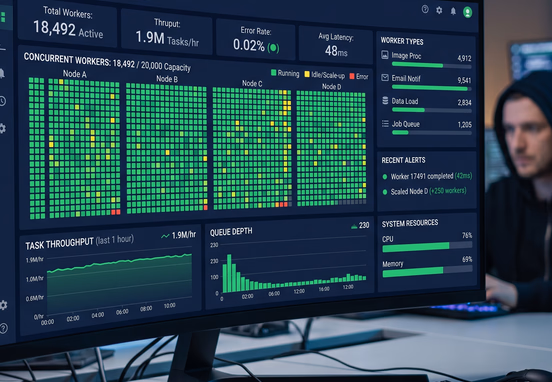 High-performance system dashboard tracking thousands of concurrent asynchronous background workers running efficiently