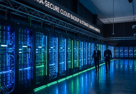 High-tech data storage center with glowing server racks symbolizing ultra-secure cloud backup infrastructure for business websites.