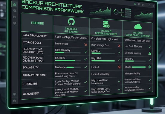 Professional UI comparison chart on monitor showing backup architectures including Git, server snapshots and cloud object storage.