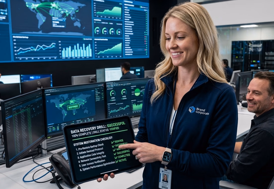 Sleek corporate command center displaying successful data recovery drill and verified system restoration checklist on tablet.
