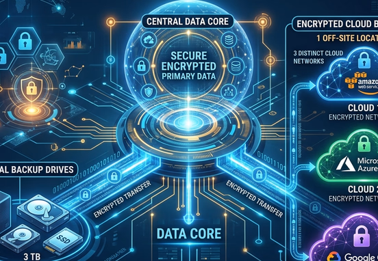 3-2-1 backup rule visualization with central data core distributed across encrypted cloud networks and physical backup drives.